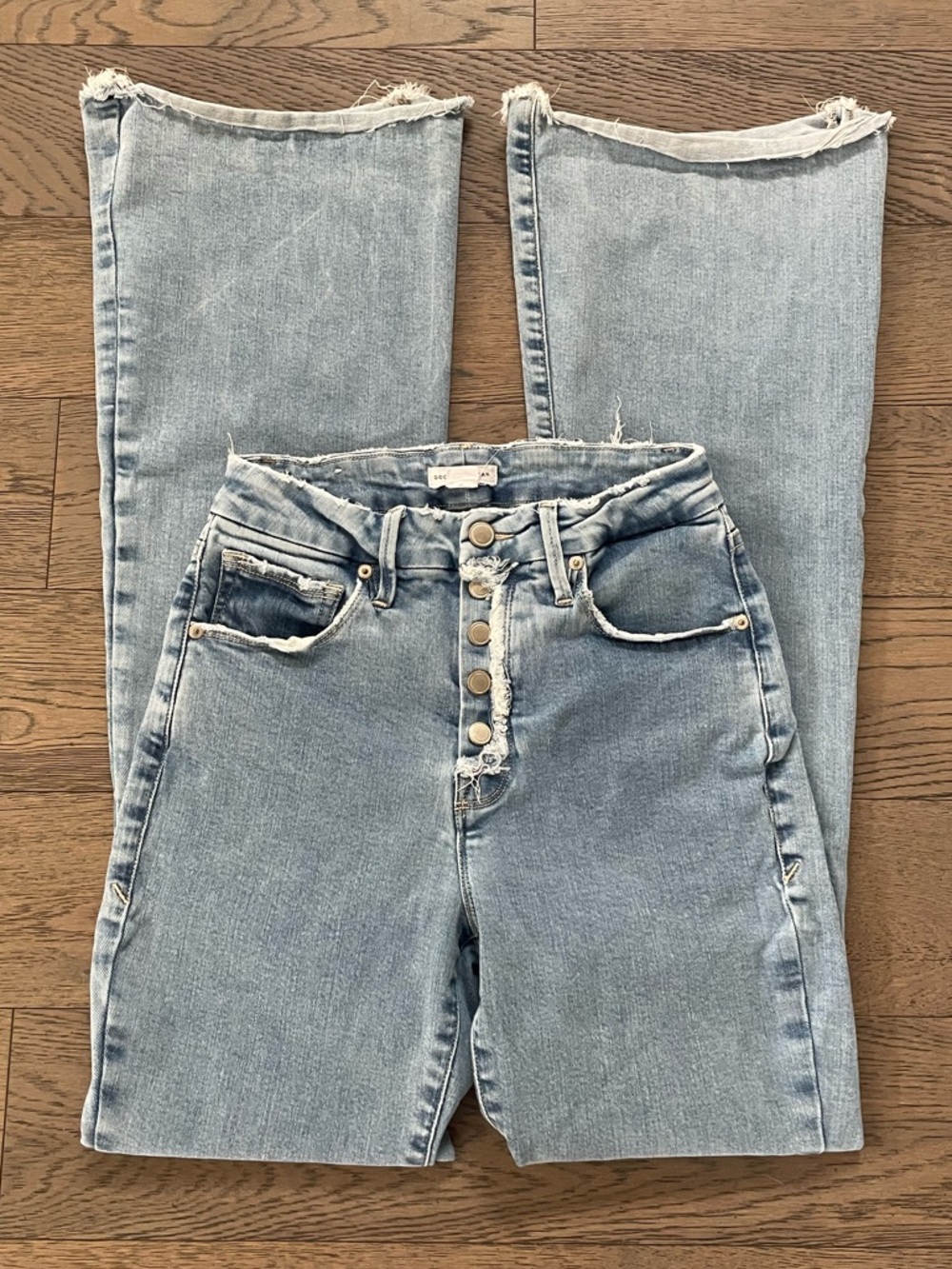 Good American Button Fly High Rise Frayed Hem Flare Jeans